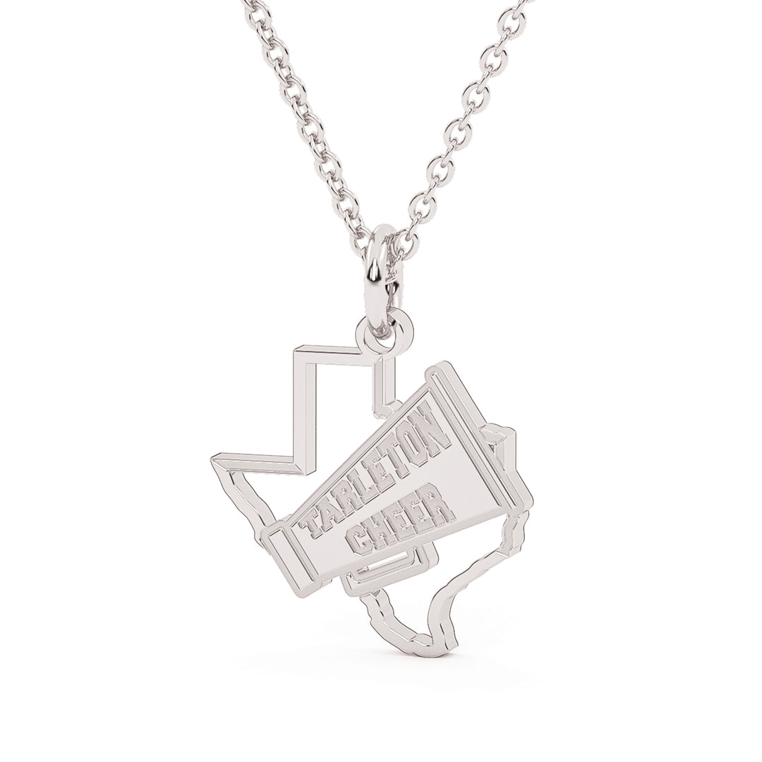 This is a texas outline pendant with a megaphone over the top featuring the words "Tarleton Cheer". This piece is white.