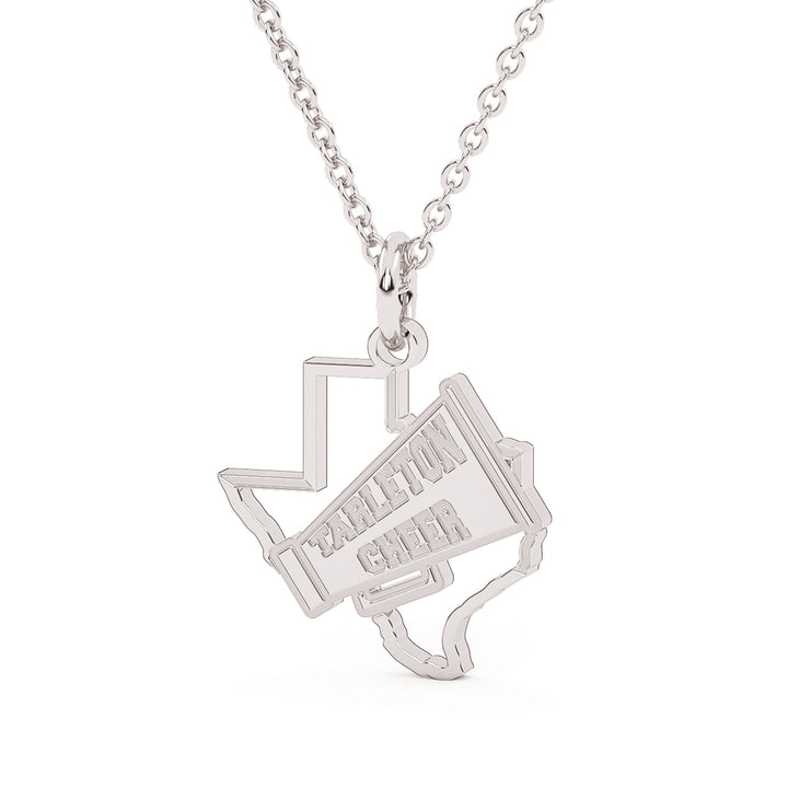This is a texas outline pendant with a megaphone over the top featuring the words "Tarleton Cheer". This piece is white.