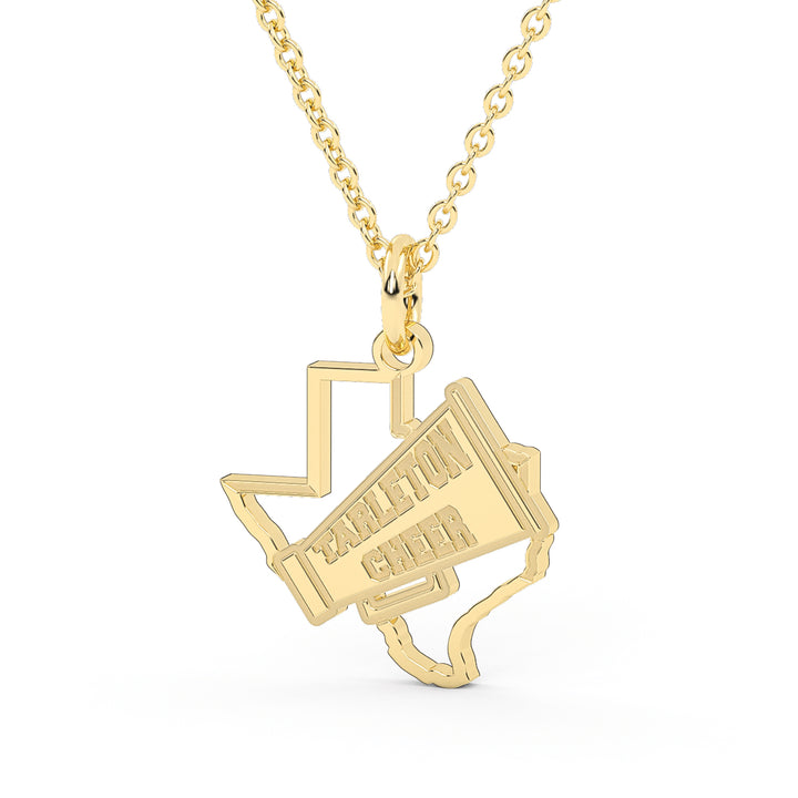 This is a texas outline pendant with a megaphone over the top featuring the words "Tarleton Cheer". This piece is yellow. 
Tarleton State University Jewelry | Tarleton State Texas Necklace Pendant | Stainless Steel Texas Charm Necklace