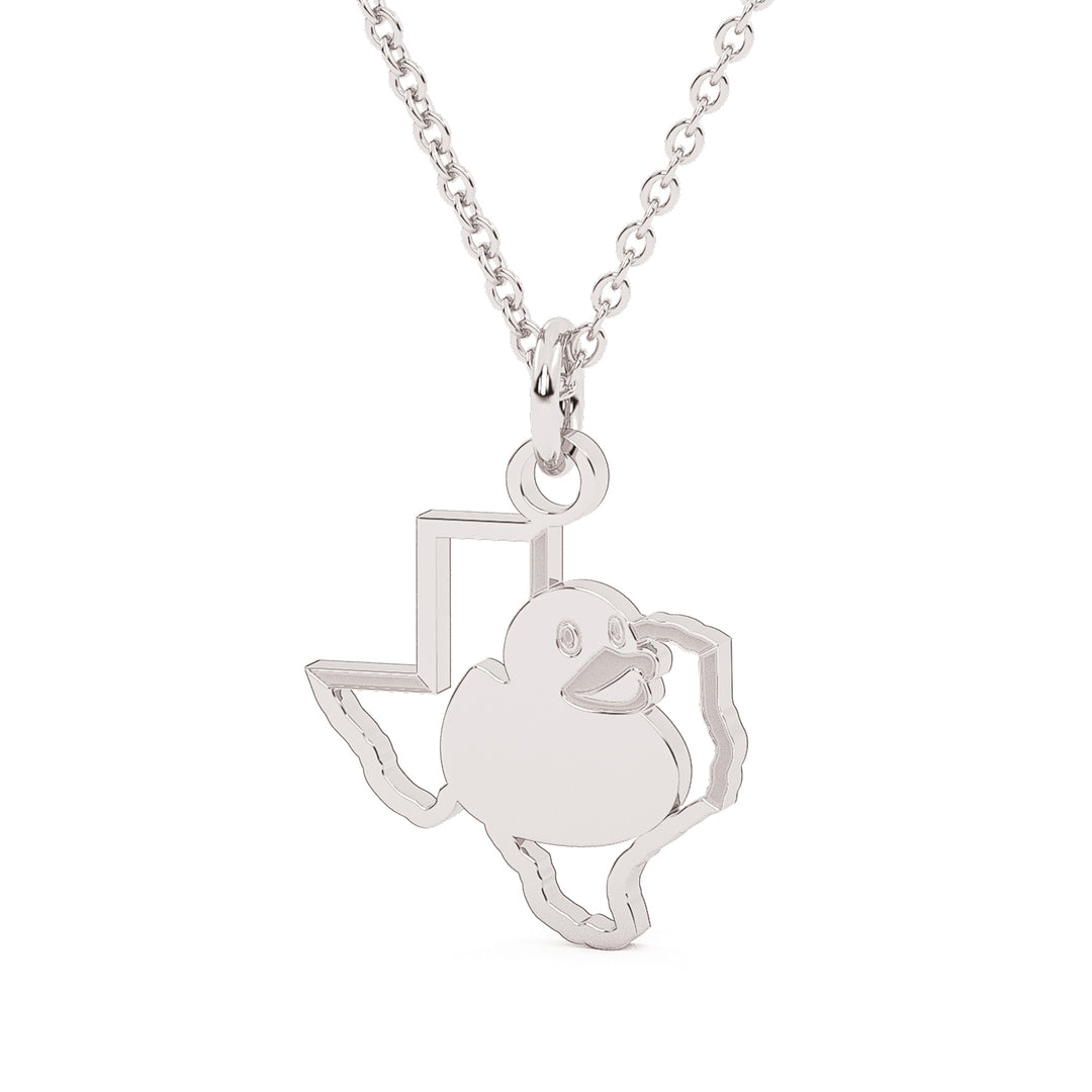 This is a stainless steel pendant with the outline of the state of Texas with a duck sitting inside. White in color.