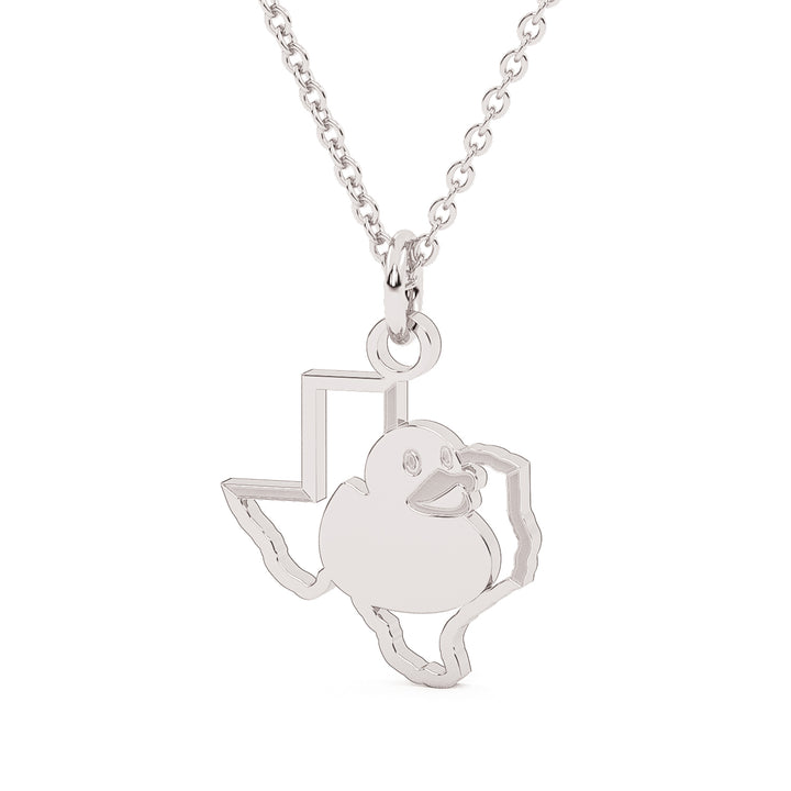 This is a stainless steel pendant with the outline of the state of Texas with a duck sitting inside. White in color.