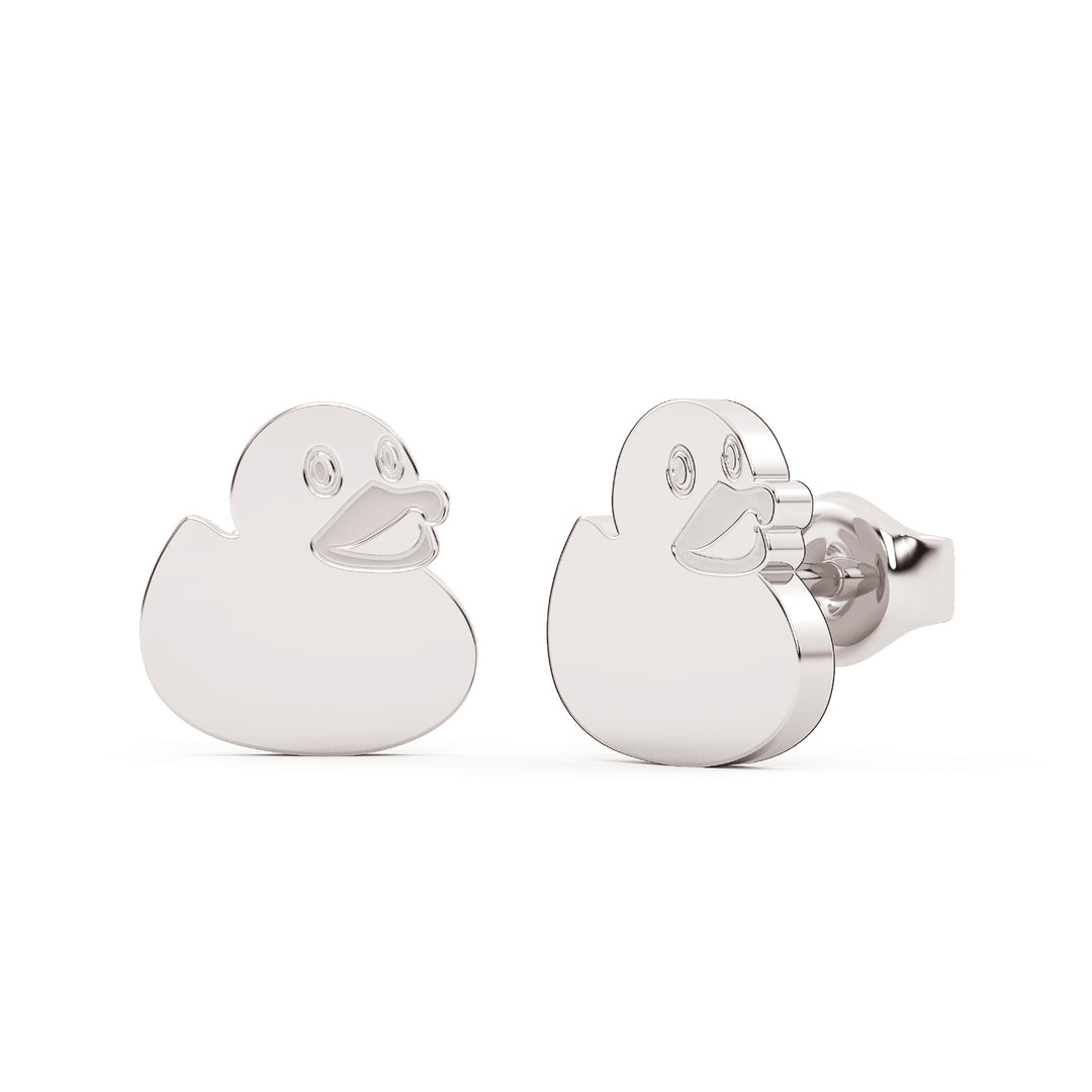 This is the primary view looking straight on at a pair of duck shaped stud earrings in white stainless.