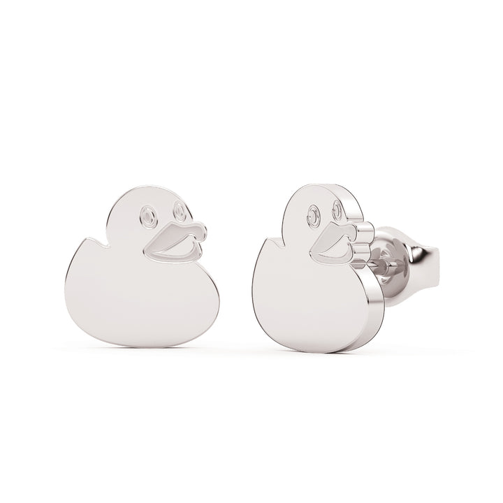 This is the primary view looking straight on at a pair of duck shaped stud earrings in white stainless.