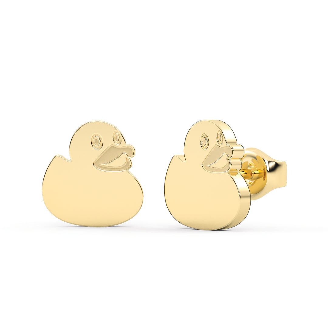 This is the primary view looking straight on at a pair of duck shaped stud earrings in yellow stainless.
