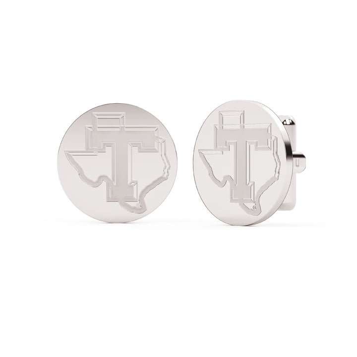 White gold stainless steel cufflinks disc with the Tarleton Power T engraved on them.