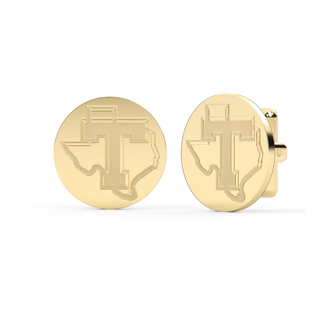 Yellow gold stainless steel cufflinks disc with the Tarleton Power T engraved on them.
