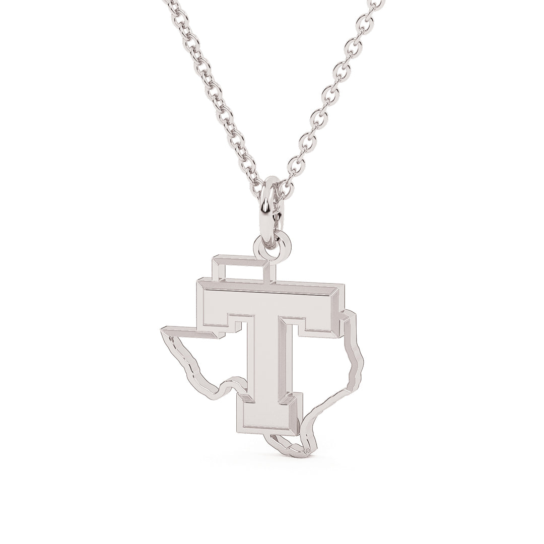 This is the power T in Texas logo made into a dainty white stainless pendant.