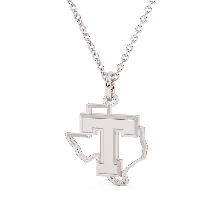 This is the power T in Texas logo made into a dainty white stainless pendant.