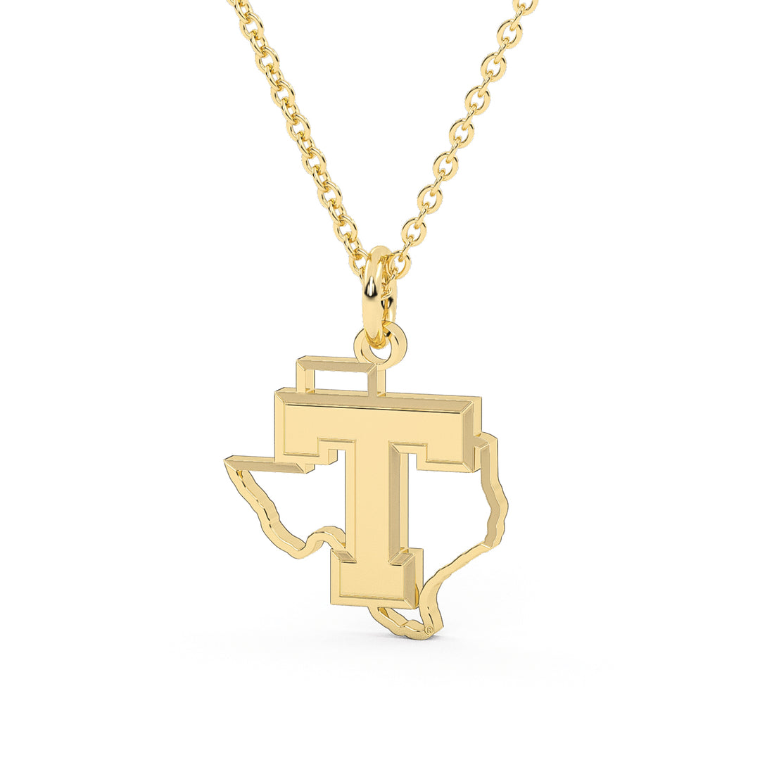 This is the power T in Texas logo made into a dainty yellow stainless pendant. 
Tarleton State University Jewelry | Tarleton State Texas Necklace Pendant | Stainless Steel Texas Charm Necklace