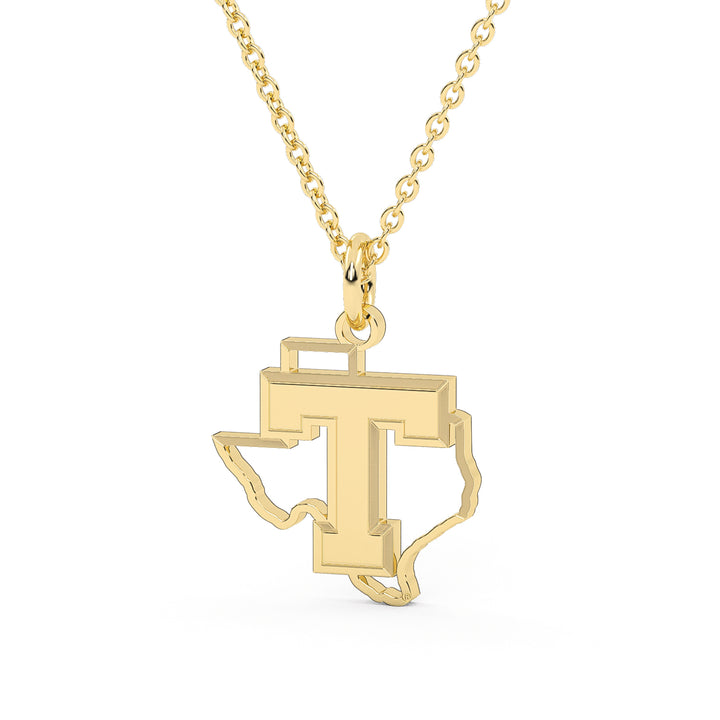 This is the power T in Texas logo made into a dainty yellow stainless pendant. 
Tarleton State University Jewelry | Tarleton State Texas Necklace Pendant | Stainless Steel Texas Charm Necklace