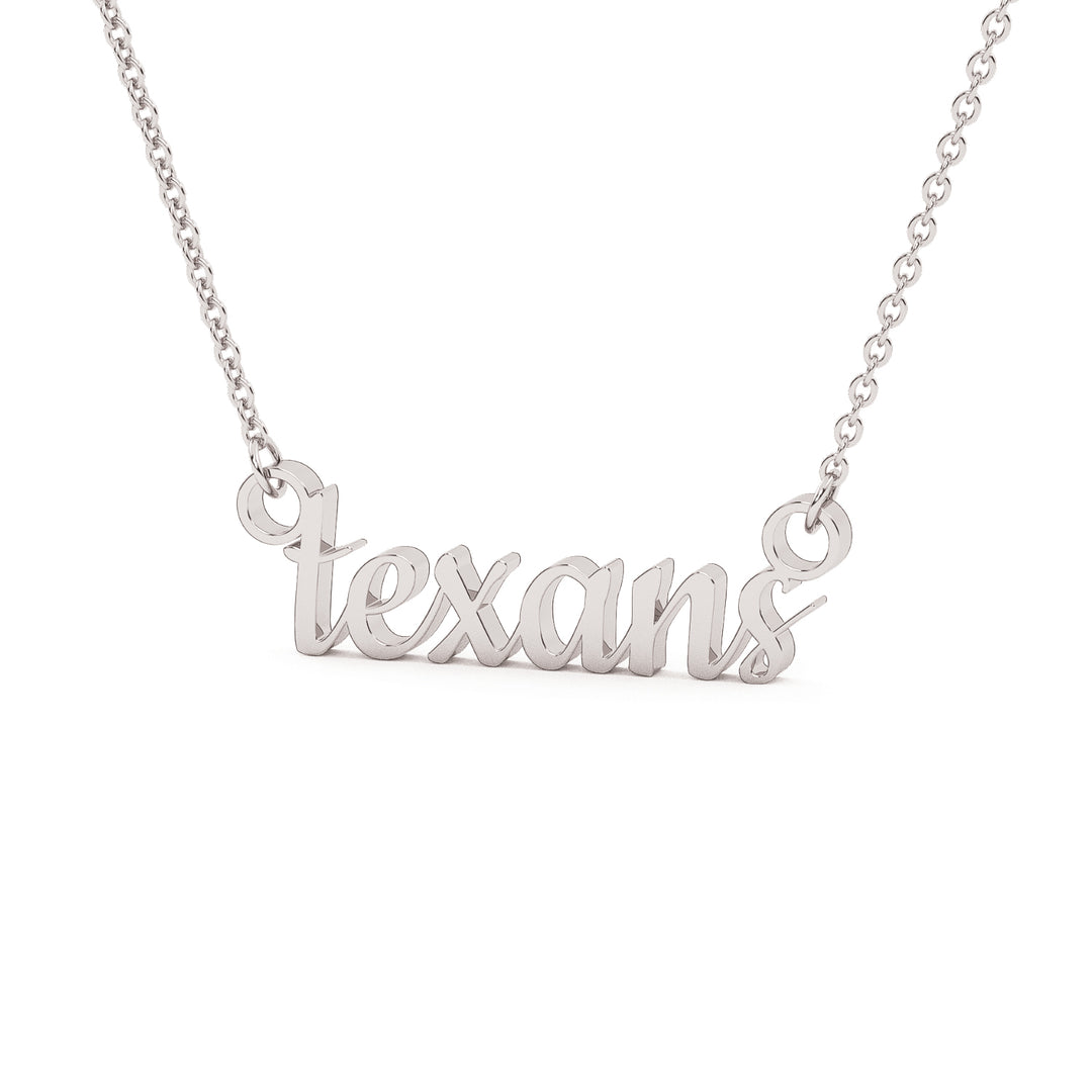 This is a script font of the word texans made into an attached stainless steel necklace in a white color.