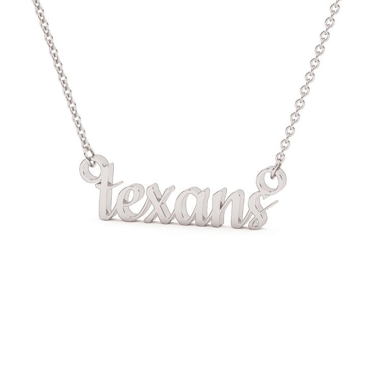 This is a script font of the word texans made into an attached stainless steel necklace in a white color.