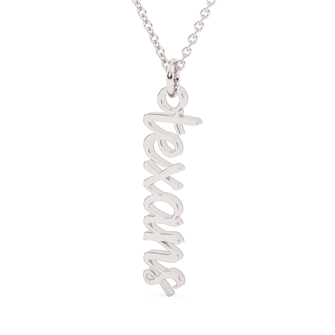 This is a script font of the word texans turned into a drop style pendant in a white color.