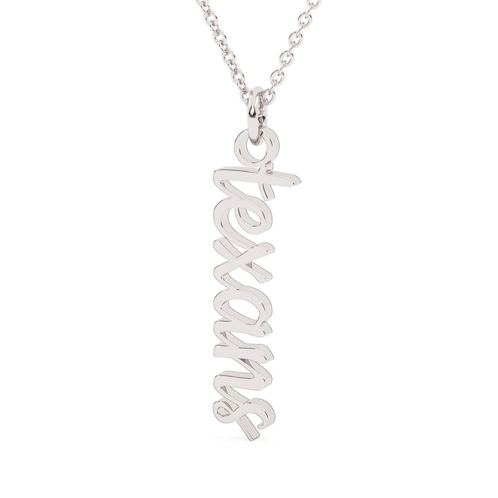 This is a script font of the word texans turned into a drop style pendant in a white color.