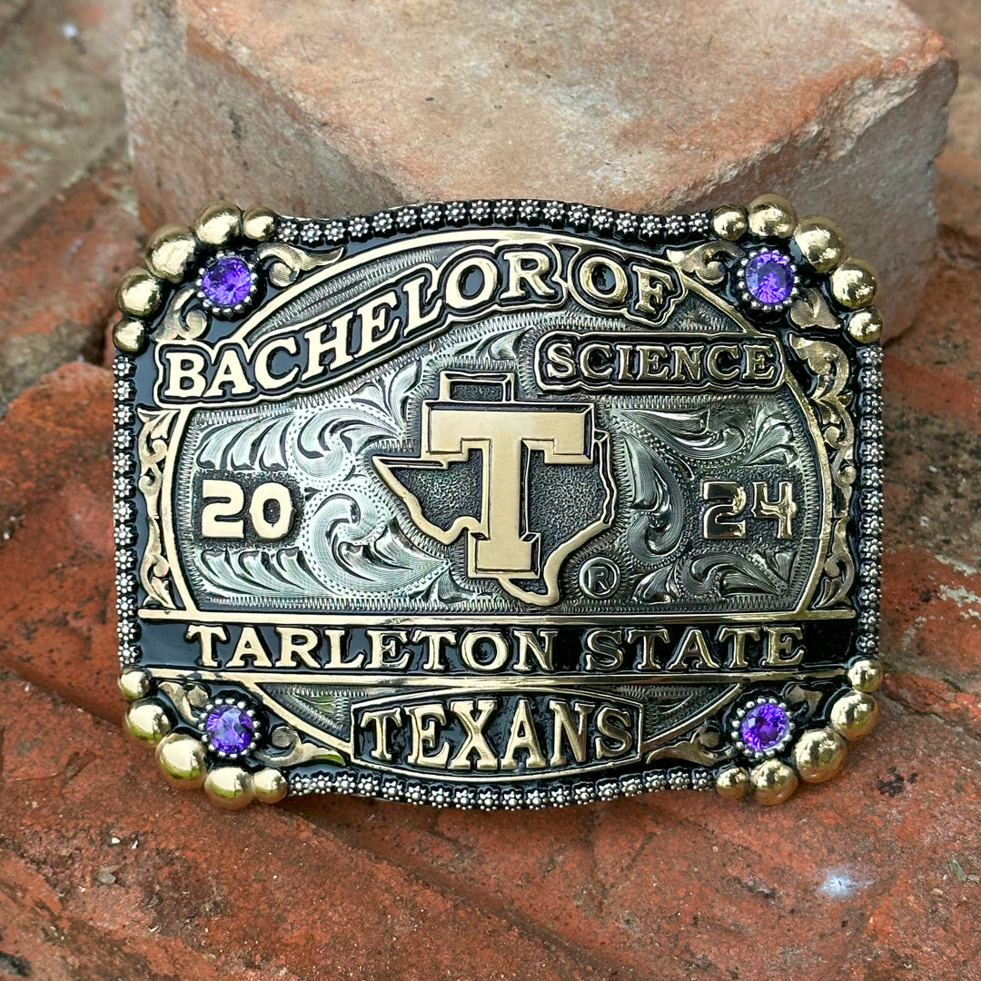 Tarleton State University Belt Buckle Design | Custom Western Belt Buckle | CIRCE Collections Local Custom Belt Buckle Maker | Tarleton Texan Belt Buckle