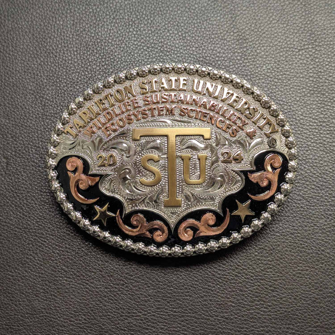 Tarleton State University Belt Buckle Design | Custom Western Belt Buckle | CIRCE Collections Local Custom Belt Buckle Maker | Tarleton Texan Belt Buckle