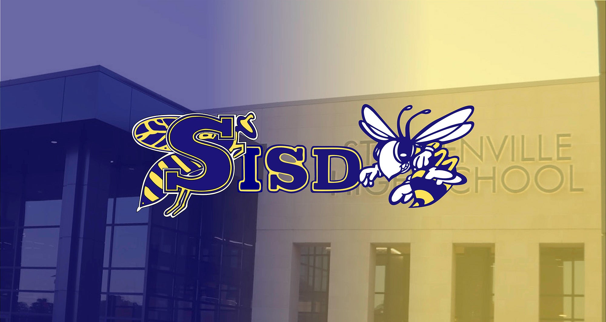 This is a home banner image of Stephenville High school with the SISD honeybee and yellow jacket logo centered. 