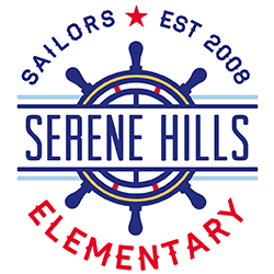 Serene Hills Elementary school logo in red and blue with a ships wheel in the center. 