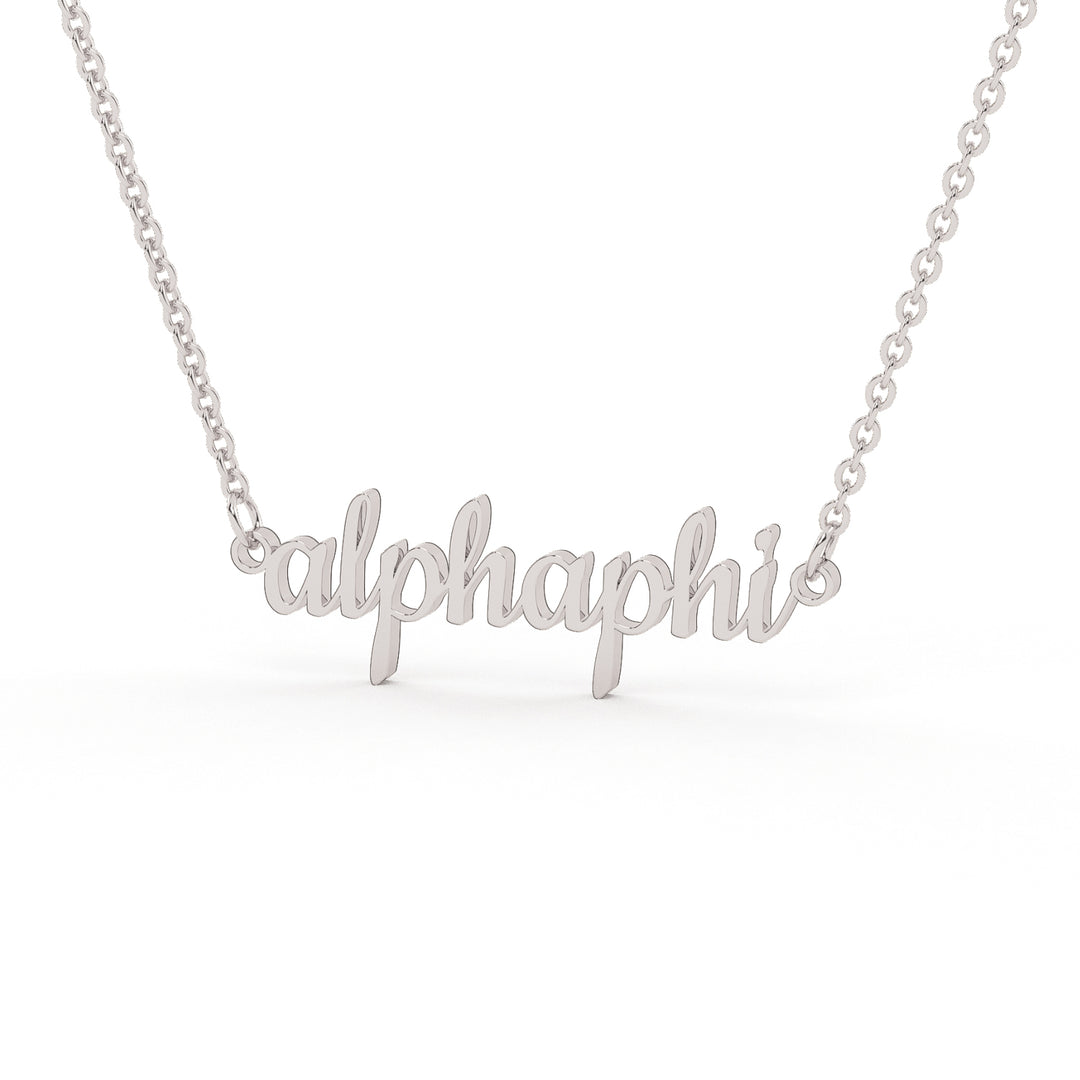 This is a white gold colored stainless steel necklace of script writing that spells "Alpha Phi".
