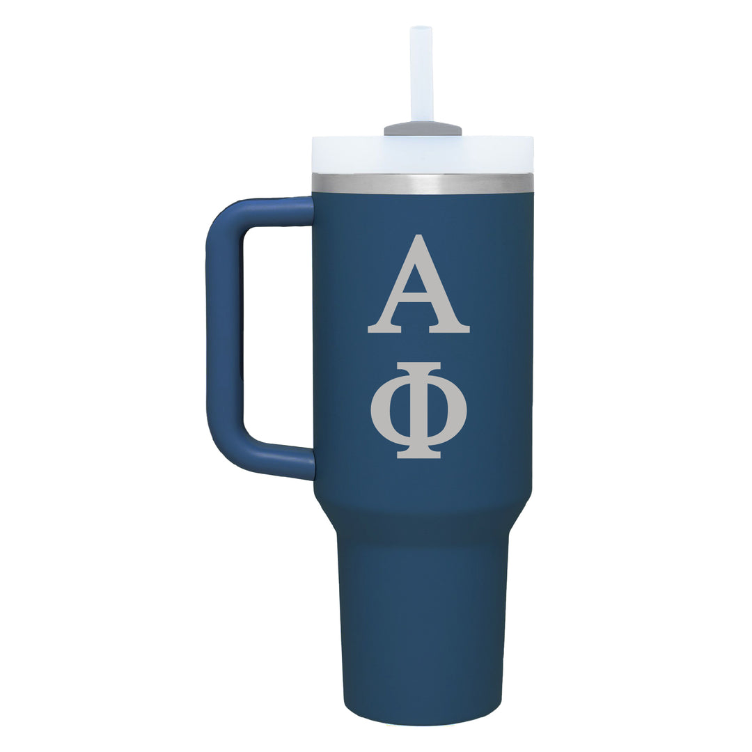 This is a stainless steel tumbler with handle and straw in denim with the greek letters for Alpha Phi engraved on the front. 
