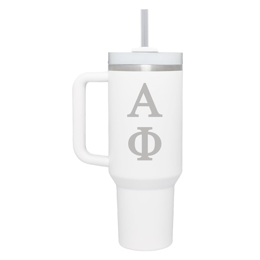 This is a stainless steel tumbler with handle and straw in white with the greek letters for Alpha Phi engraved on the front. 
