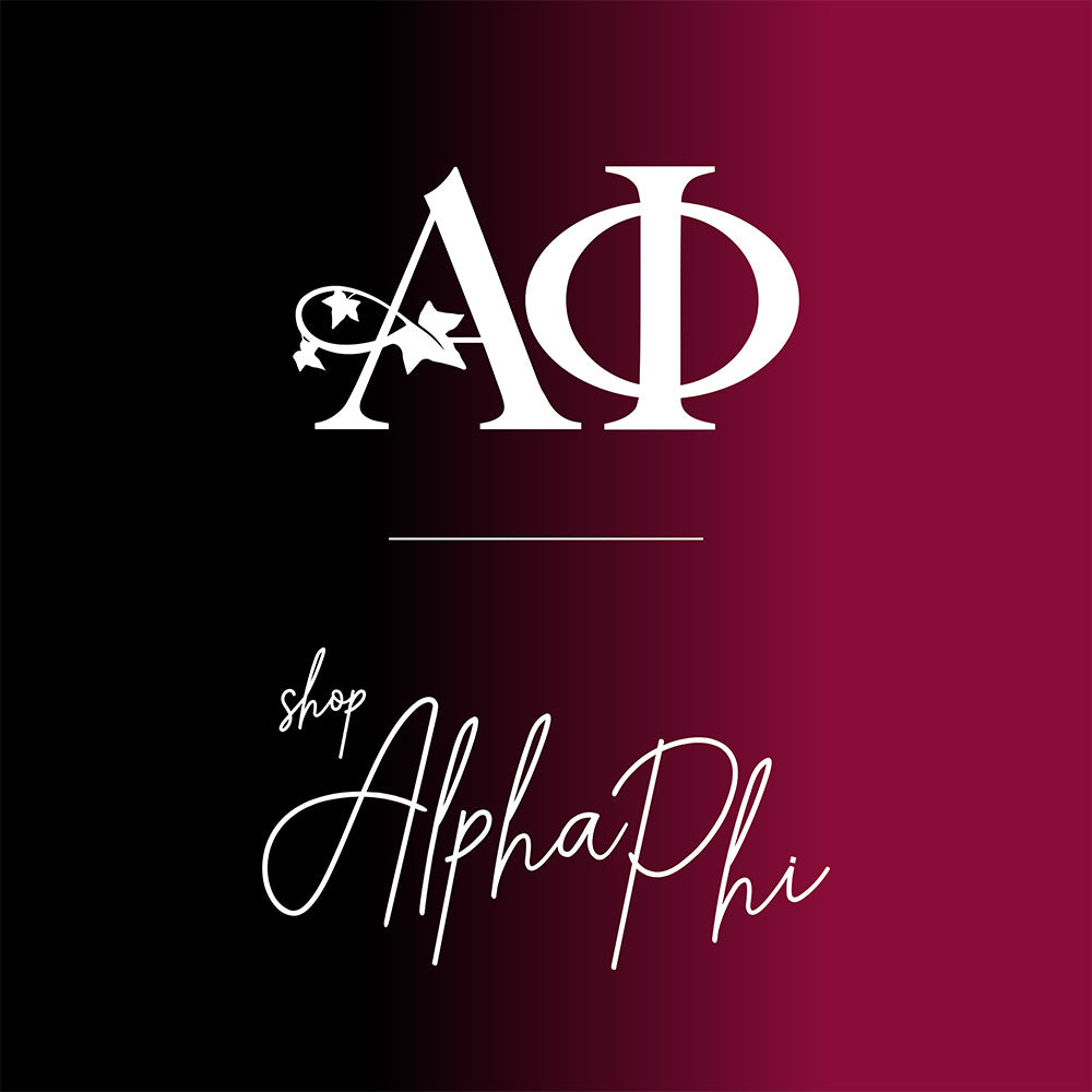 Alpha Phi logo page banner on maroon to black gradient background in square format. 