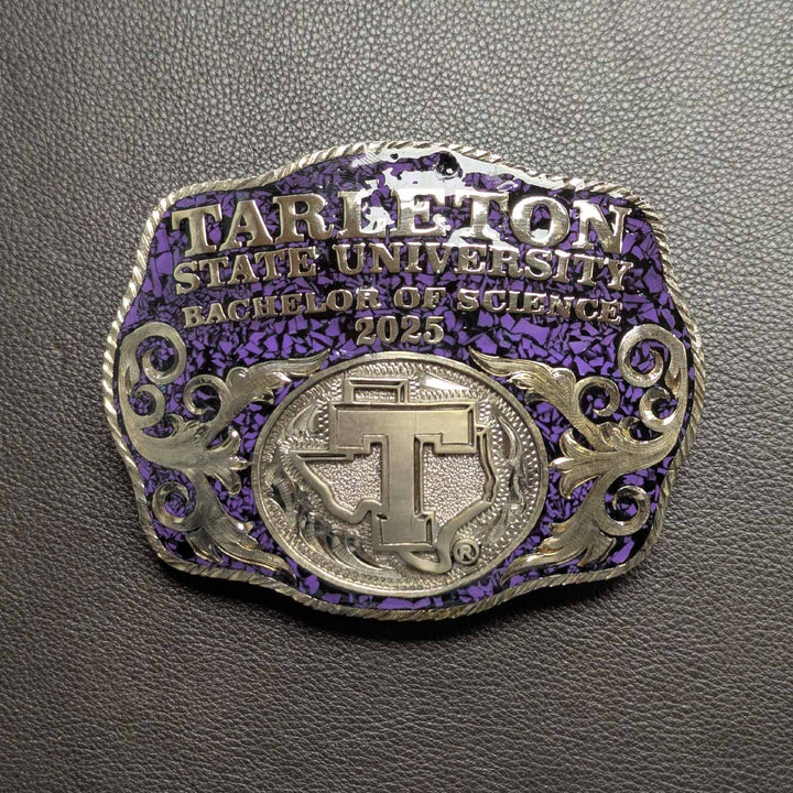 Tarleton State University Belt Buckle Design | Custom Western Belt Buckle | CIRCE Collections Local Custom Belt Buckle Maker | Tarleton Texan Belt Buckle