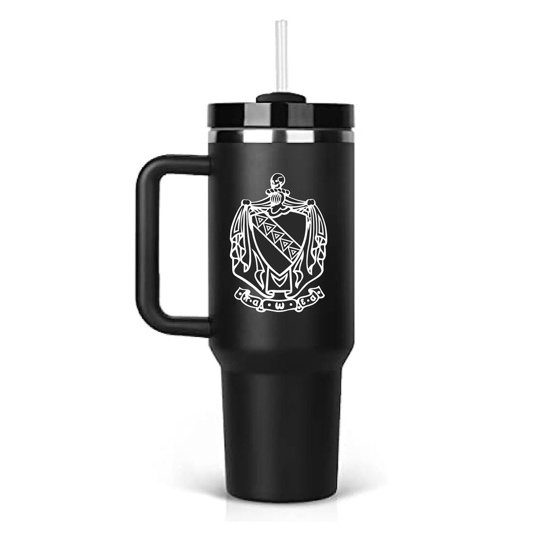 Stainless steel tumbler with Tau Kappa Epsilons crest logo engraved. 