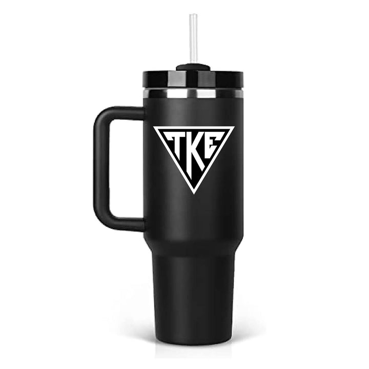 Stainless steel insulated tumbler with TKE houseplate engraved on black tumbler. 