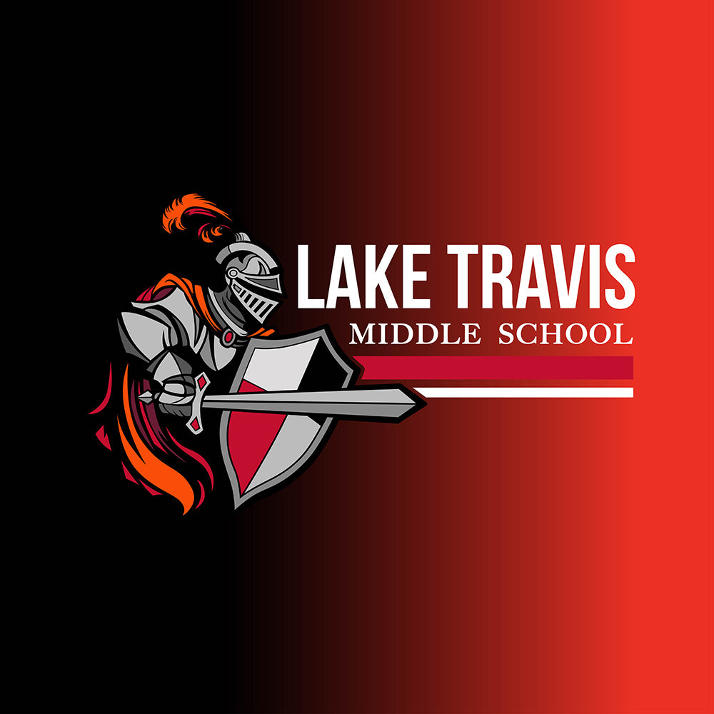 Red and black gradient background with a cavalier for Lake Travis Middle School in the center mobile friendly version.