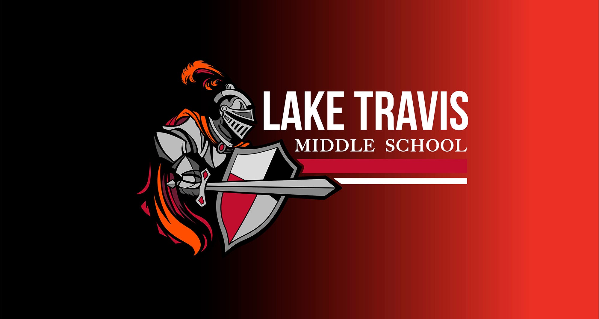 Red and black gradient background with a cavalier for Lake Travis Middle School in the center. 
