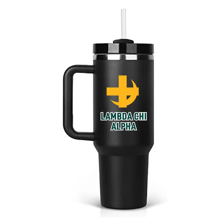 Stainless steel tumbler with the Lambda Chi Alpha logo in color on a black cup.