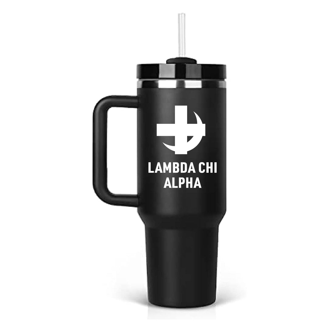 Stainless steel tumbler with the Lambda Chi Alpha logo engraved on a black tumbler. 