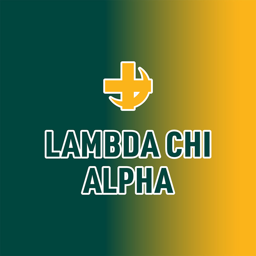 Lambda Chi Alpha home page banner with their logo on a green to yellow gradient background in square format. 