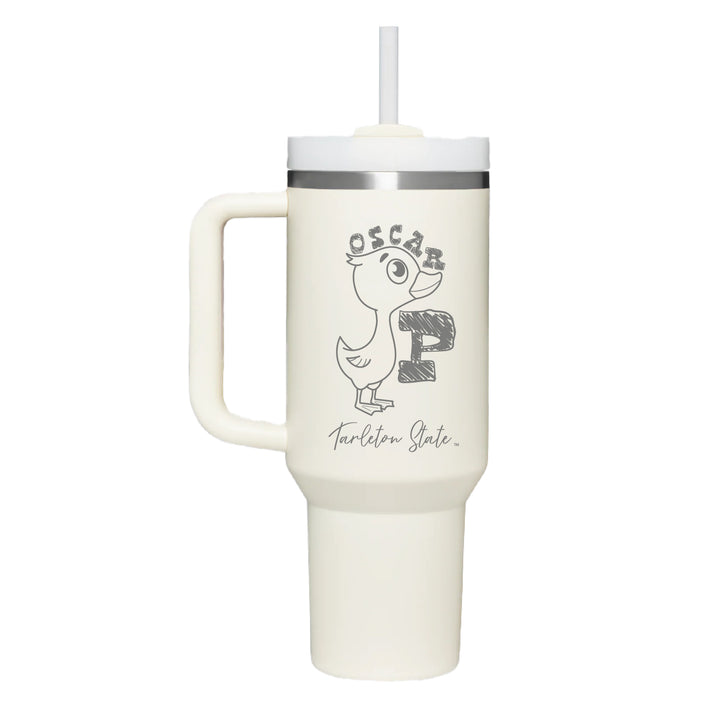 Stainless Cream Colored handle tumbler with Oscar P engraved on the front.