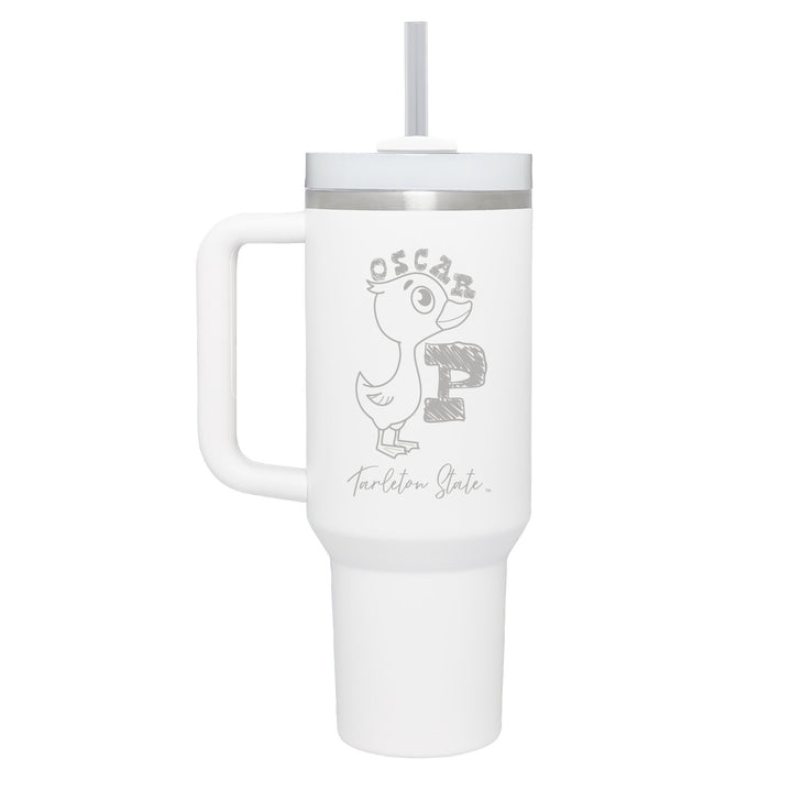 Stainless white colored handle tumbler with Oscar P engraved on the front.