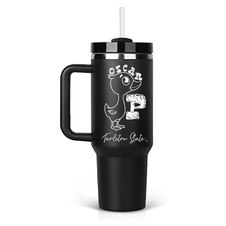 This photo is of a black powder coated stainless steel tumbler with a handle, straw, and lid. The front engraving is Tarleton State Universities unofficial mascot, Oscar P. Under the Oscar P artwork, the words "Tarleton State" are engraved in a script font. 