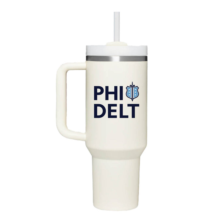 Stainless steel insulated tumbler with Phi Delta Theta's PHI DELT logo on the front. Cream Tumbler. 
