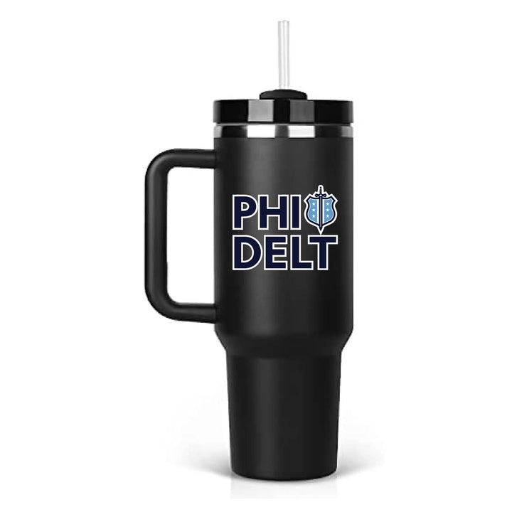 Stainless steel insulated tumbler with Phi Delta Theta's PHI DELT logo on the front. Black Tumbler. 