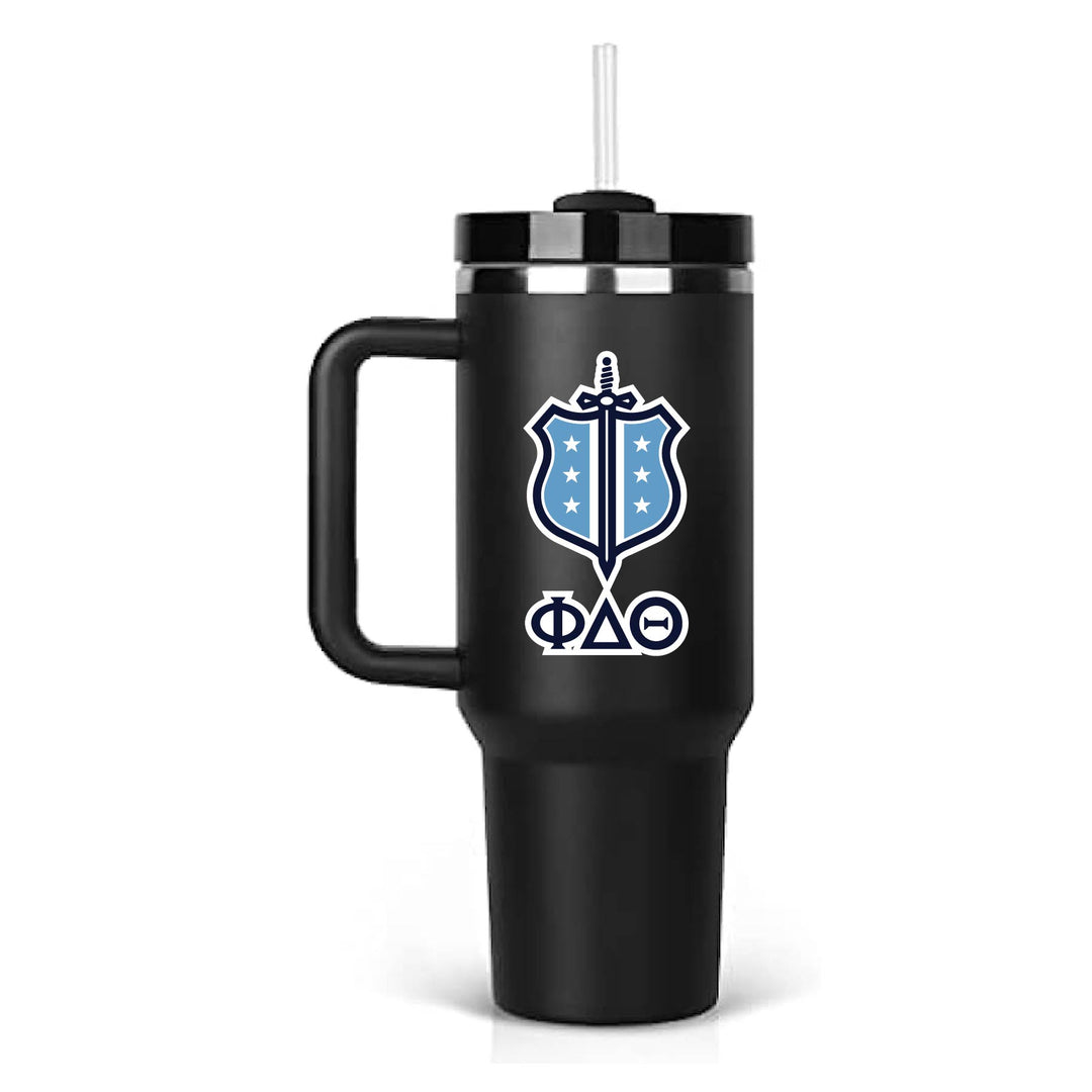 Stainless steel insulated cup with Phi Delta Theta's Shield logo with greek letters. On a black cup. 