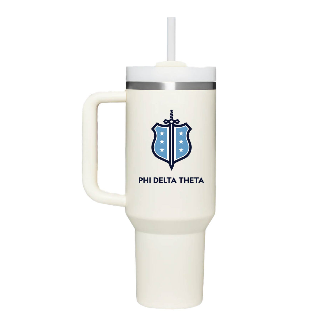 Stainless steel insulated tumbler with Phi Delta Theta's Shield Logo. Tumbler is cream. 