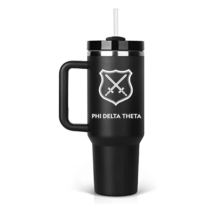 Stainless steel tumbler with Phi Delta Theta's  shield with crossed swords. Black tumbler. 