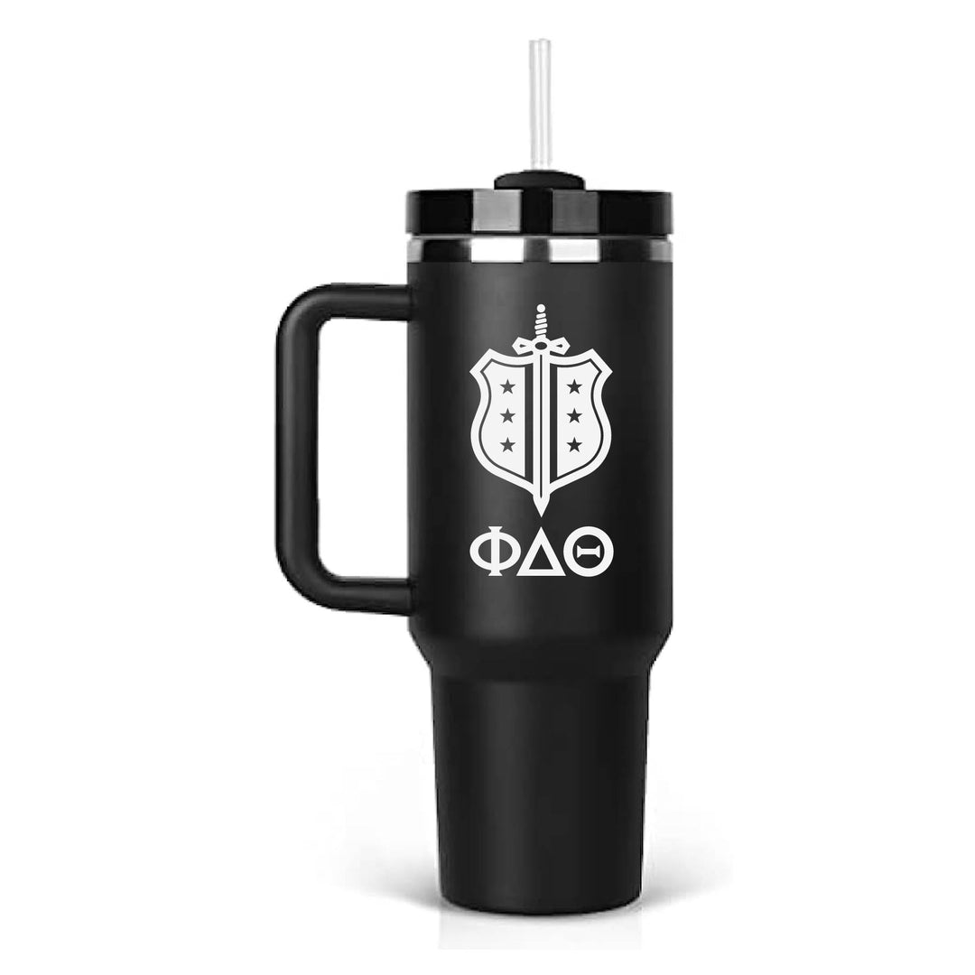Stainless steel insulated tumbler with Phi Delta Theta's shield logo and greek letters. Black tumbler. 