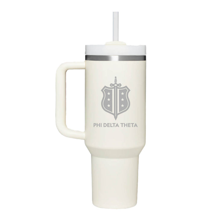 Phi Delta Theta engraved stainless steel insulated tumbler in cream. 