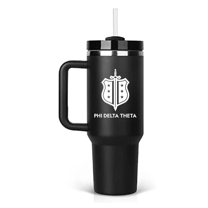 Phi Delta Theta engraved stainless steel insulated tumbler in black.