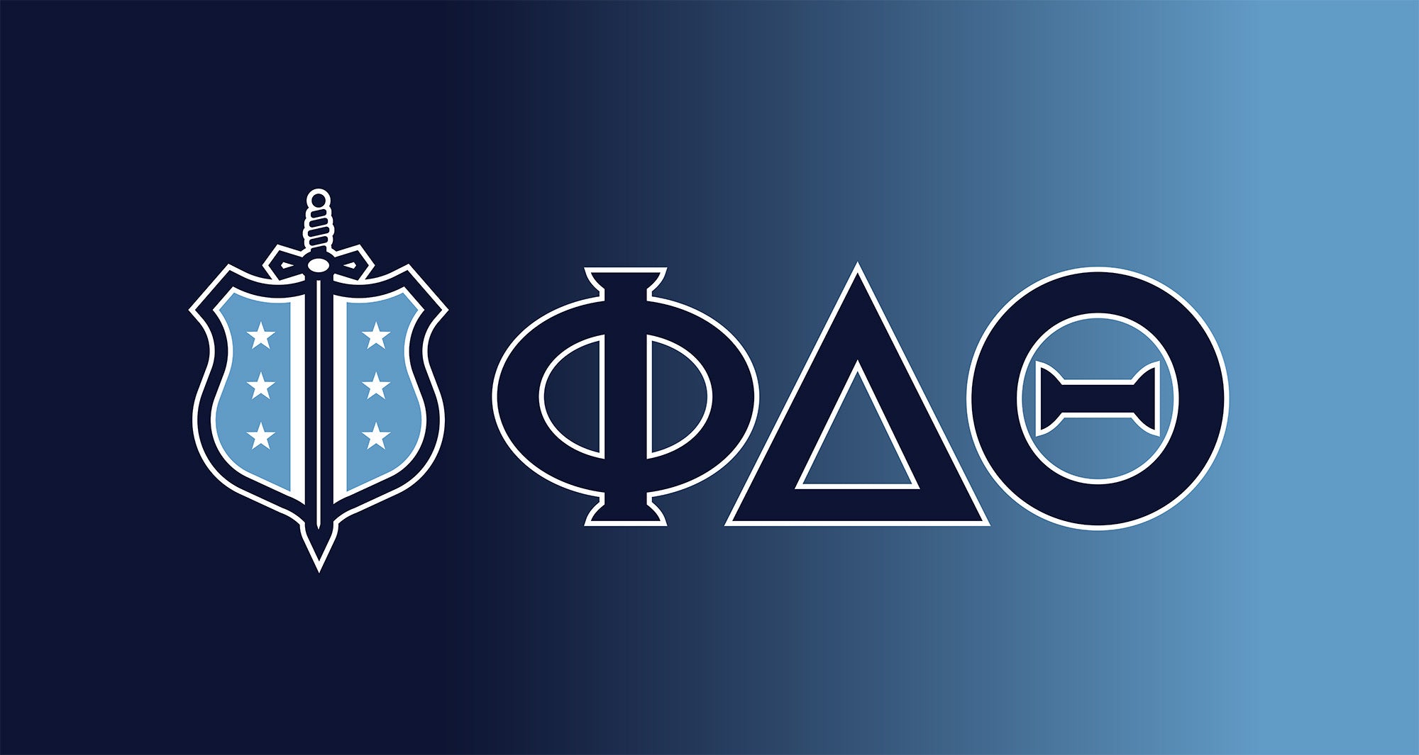 Phi Delta Theta banner image on gradient blue to black background. 