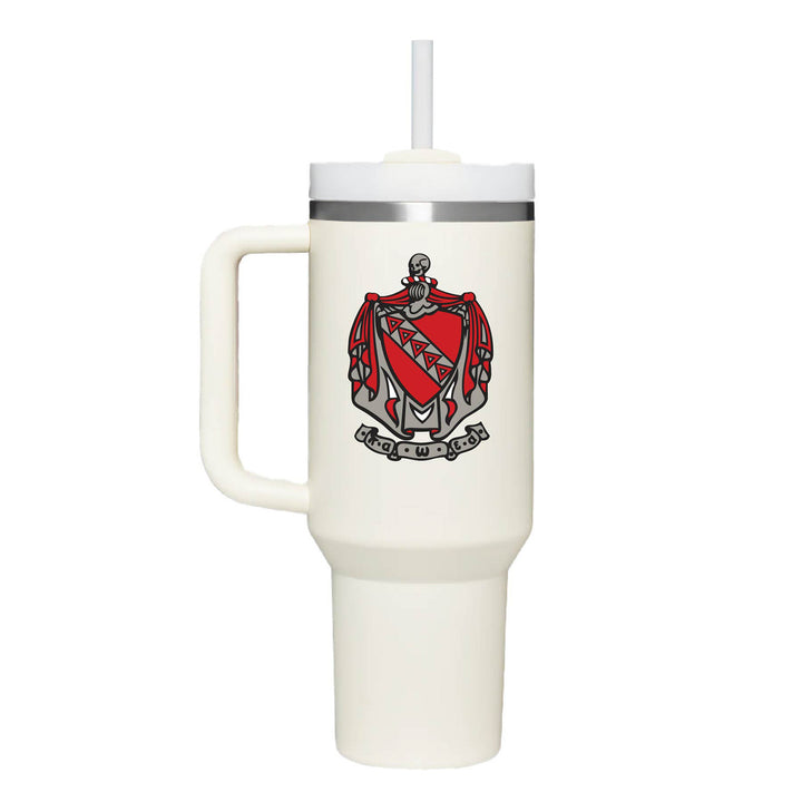 Stainless steel insulated tumbler with full color Tau Kappa Epsilon Crest on cream tumbler. 