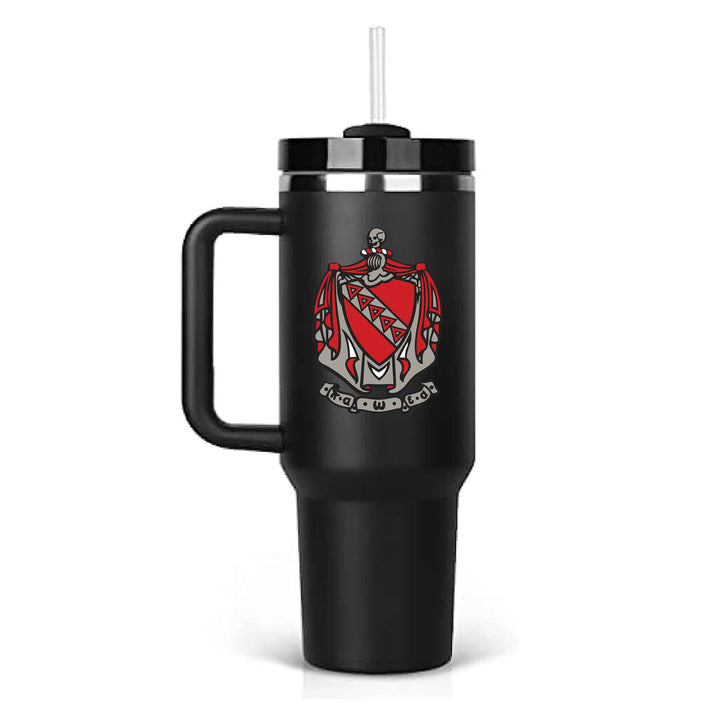 Stainless steel insulated tumbler with full color Tau Kappa Epsilon Crest on black tumbler. 