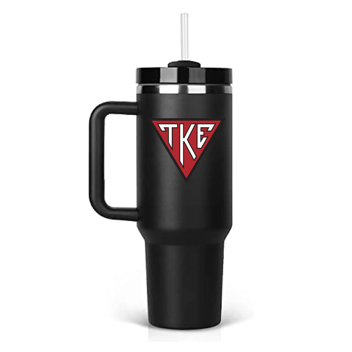 Stainless steel insulated tumbler with the Tau Kappa Epsilon color Houseplate on the front. Black Tumbler. 