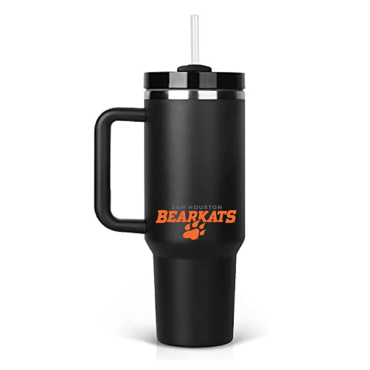 This is a stainless steel insulated cup with a handle and a lid. It features the Sam Houston Bearkats Paw logo. This cup is black.